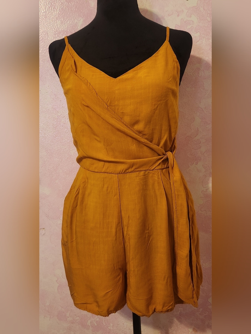 Mustard Wrap Romper with Tie Waist